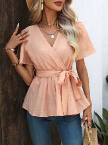 Breezaya Solid Surplice Neck Belted Blouse - Coral Pink - View 4