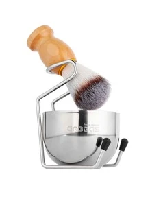 Men Shaving Beard Brush Set & Holder Set, 3pcs Wooden Handle Synthetic Hair Shaving Brush Stand Bowl Kit For Man Wet Shave - Brown - View 3