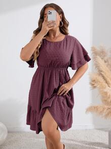 SHEIN LUNE Vestido De Verano De Talla Grande Con Mangas Y Dobladillo Con Volantes Y Color Solido