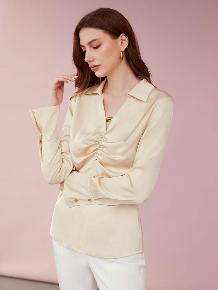 MOTF PREMIUM Women Blouses Tombol Ruched Plain Anggun - Aprikot - View 3