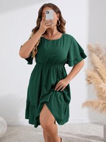 SHEIN LUNE Plus Swiss Dot Ruffle Hem Dress - Dark Green - View 1
