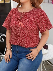 SHEIN Clasi 夏季全植物印花蝴蝶袖衬衫 - 紅白色 - 查看 5