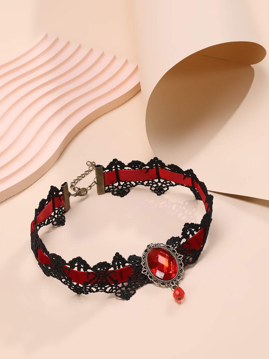 1入組皇冠和水鑽裝飾蕾絲頸鏈翻領項鍊適合女士