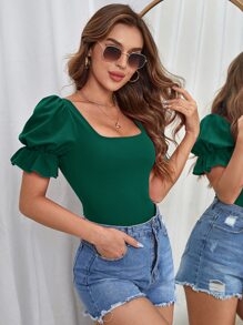 SHEIN Privé Square Neck Puff Sleeve Bodysuit - Dark Green - View 4