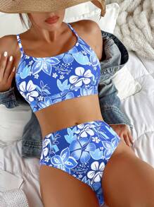 SHEIN Swim Bãi biển mùa hè Bộ bikini in hoa ngẫu nhiên Áo ngực không dây & Bikini cạp cao 2 mảnh Bikini - Xanh và trắng - Xem 1