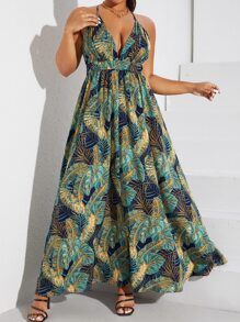 SHEIN VCAY Plus Size Boho Tropical Print Crisscross Backless Cami Dress, For Summer - Multicolor - View 2