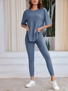 SHEIN LUNE 纯色落肩T恤和打底裤，休闲风 - 霧霾藍 - 查看 3