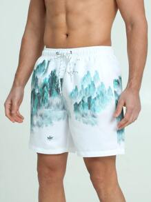 Surfspeed Hombres Shorts de natación con estampado de paisaje de cintura con cordón - Multicolor - Ver 1