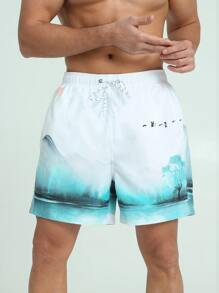 Manfinity 男士山水圖案腰部抽繩泳褲 - 彩色 - 查看 1