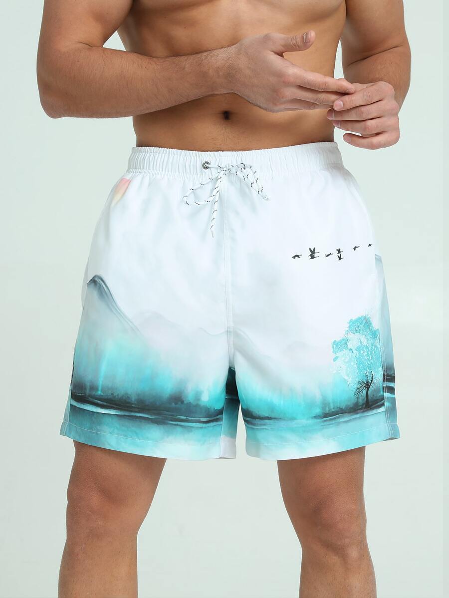 Manfinity 男士山水圖案腰部抽繩泳褲 - 彩色 - 查看 1