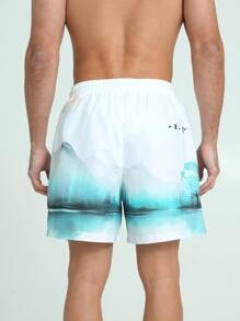 Manfinity 男士山水圖案腰部抽繩泳褲 - 彩色 - 查看 2