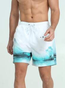 Manfinity 男士山水圖案腰部抽繩泳褲 - 彩色 - 查看 3