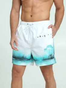 Manfinity 男士山水圖案腰部抽繩泳褲 - 彩色 - 查看 5