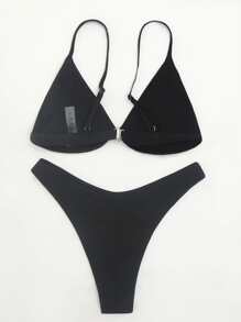 Mono Bikini Set Triangle Bra Top & High Cut Bikini Bottom 2 Pieces Bathing Suit Summer - Black - View 2