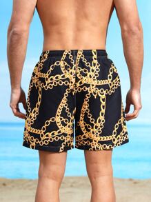 Manfinity Swimmode Pantaloncini da bagno con coulisse in vita e stampa grafica a catena, per uomo, per spiaggia e vacanze