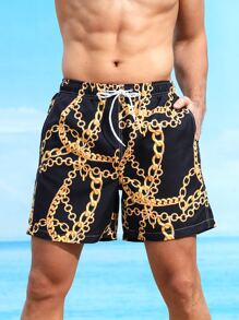 Manfinity Swimmode Pantaloncini da bagno con coulisse in vita e stampa grafica a catena, per uomo, per spiaggia e vacanze