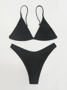 Mono Bikini Set Triangle Bra Top & High Cut Bikini Bottom 2 Pieces Bathing Suit Summer - Black - View 3
