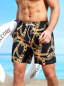 Manfinity Swimmode Pantaloncini da bagno con coulisse in vita e stampa grafica a catena, per uomo, per spiaggia e vacanze