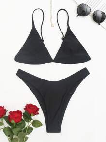 Mono Bikini Set Triangle Bra Top & High Cut Bikini Bottom 2 Pieces Bathing Suit Summer - Black - View 5
