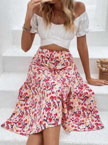 SHEIN VCAY Allover Print High Waist Skirt - Pink - View 1