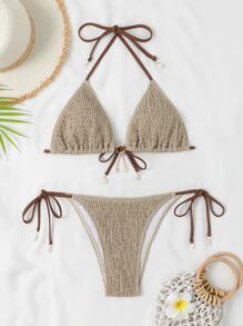 SHEIN Swim Bãi Biển Mùa Hè Shirred Bikini Bộ Nhẫn Liên Kết Dây Tam Giác Áo Ngực & Cà Vạt Bên Dưới 2 Miếng Bikini Áo Tắm - Màu Khaki - Xem 1