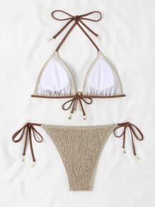 SHEIN Swim Bãi Biển Mùa Hè Shirred Bikini Bộ Nhẫn Liên Kết Dây Tam Giác Áo Ngực & Cà Vạt Bên Dưới 2 Miếng Bikini Áo Tắm - Màu Khaki - Xem 2