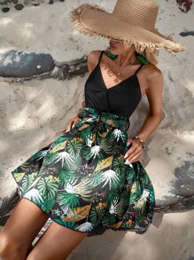 SHEIN VCAY 熱帶圖案腰帶吊帶連衣裙 - 黑色 - 查看 3