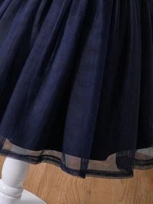 Đầm em bé Nơ Bướm Tương phản Mesh Khối Màu - Xanh và trắng - Xem 4