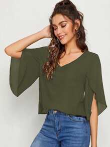 SHEIN Privé Top de manga con abertura unicolor - Verde militar - Ver 3