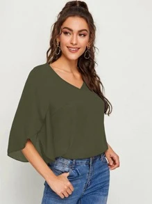 SHEIN Privé Top de manga con abertura unicolor - Verde militar - Ver 4