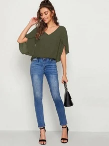 SHEIN Privé Top de manga con abertura unicolor - Verde militar - Ver 6