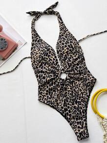SHEIN Swim Summer Beach Leopard Plunging One Piece Swimsuit - Multicolor - View 3
