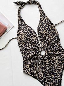 SHEIN Swim Summer Beach Leopard Plunging One Piece Swimsuit - Multicolor - View 4