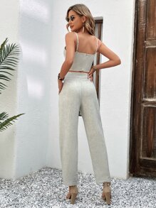 SHEIN LUNE Solid Cami Top & Trousers - Apricot - View 2