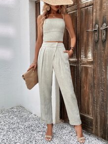SHEIN LUNE Solid Cami Top & Trousers - Apricot - View 4