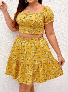 SHEIN VCAY Plus Ditsy Floral Print Puff Sleeve Crop Top & Ruffle Hem Skirt - Mustard Yellow - View 1