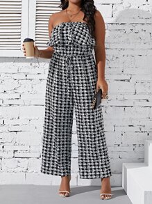 SHEIN LUNE 大碼格紋印花荷葉邊抹胸連體褲 - 黑與白 - 查看 3