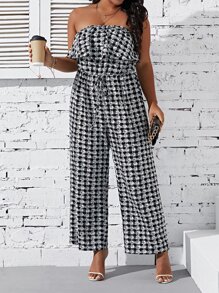 SHEIN LUNE 大碼格紋印花荷葉邊抹胸連體褲 - 黑與白 - 查看 1