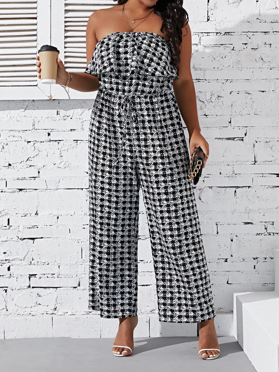 SHEIN LUNE 大碼格紋印花荷葉邊抹胸連體褲 - 黑與白 - 查看 1