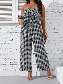 SHEIN LUNE 大碼格紋印花荷葉邊抹胸連體褲 - 黑與白 - 查看 6