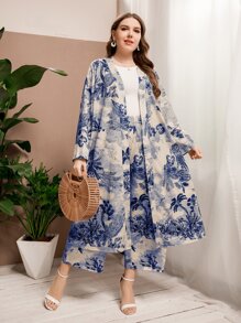 Al Najma Plus Tropical Print Open Front Coat & Trousers - Apricot - View 1