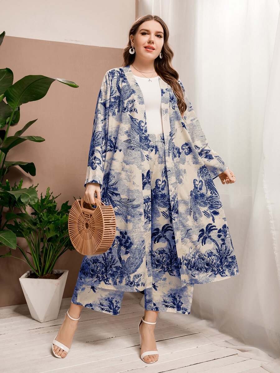 Al Najma Plus Tropical Print Open Front Coat & Trousers - Apricot - View 1