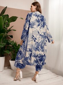 Al Najma Plus Tropical Print Open Front Coat & Trousers - Apricot - View 2