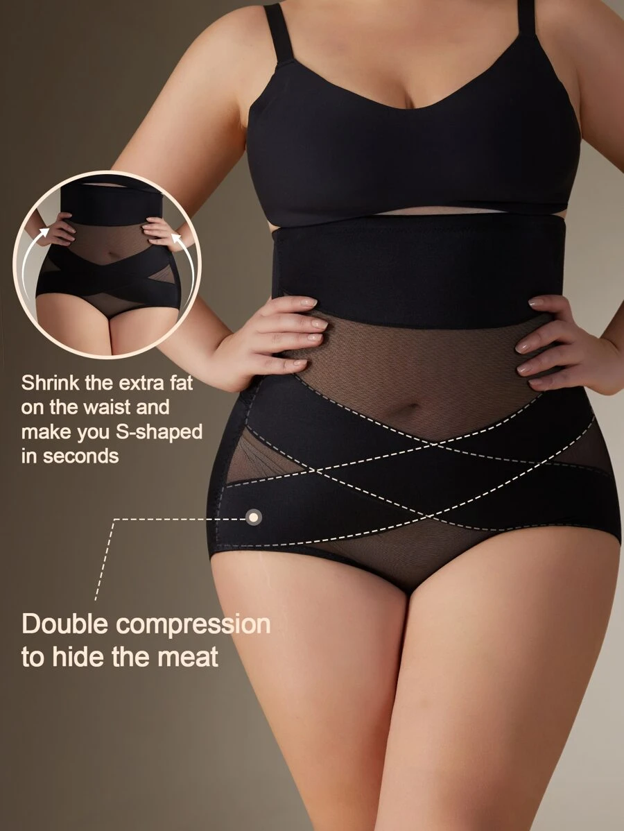 Plus Contrast Mesh Shapewear Panty 1pc Women Tummy Control Flat Belly Sheath Slimming Pants Underwear Shorts Lingerie Briefs Waist Trainer High Waist Shaper 