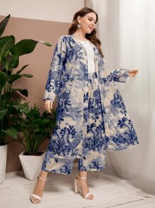 Al Najma Plus Tropical Print Open Front Coat & Trousers - Apricot - View 5