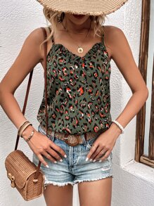 SHEIN LUNE Allover Print Frill Trim Cami Top - Green - View 3