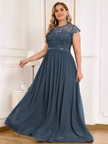 MIUSOL Plus Floral Lace Cap Sleeve Pleated Hem Evening Party Dress - Grey - View 7