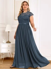 MIUSOL Plus Floral Lace Cap Sleeve Pleated Hem Evening Party Dress - Grey - View 1