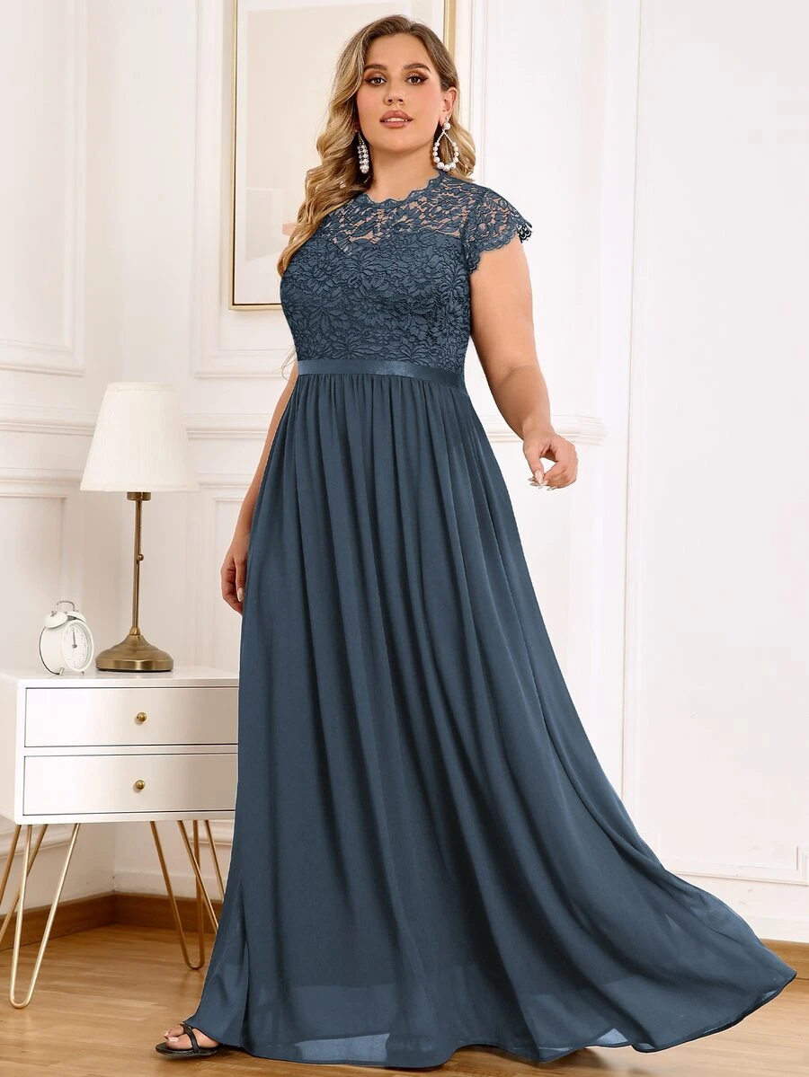 MIUSOL Plus Floral Lace Cap Sleeve Pleated Hem Evening Party Dress - Grey - View 1