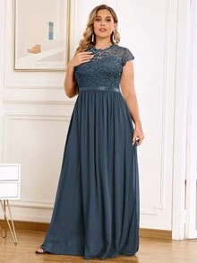 MIUSOL Plus Floral Lace Cap Sleeve Pleated Hem Evening Party Dress - Grey - View 6